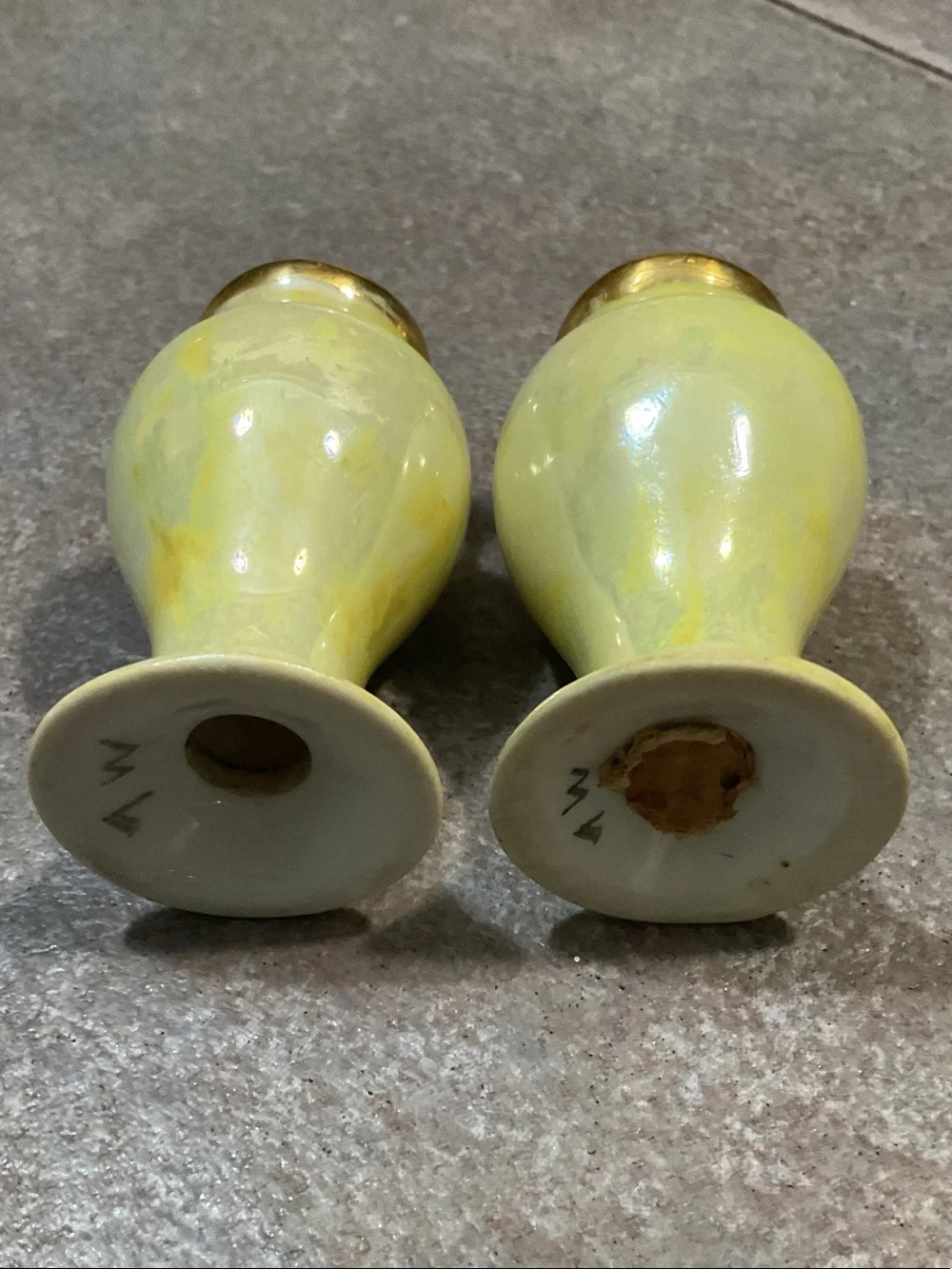 Vintage Ceramic Salt and Pepper Shakers with Gold Tops - Yellow